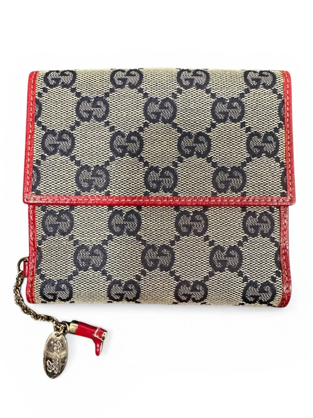 Gucci GG Monogram Navy Canvas & Red Leather Boot Charm Compact Bifold Wallet - Picture 1 of 16